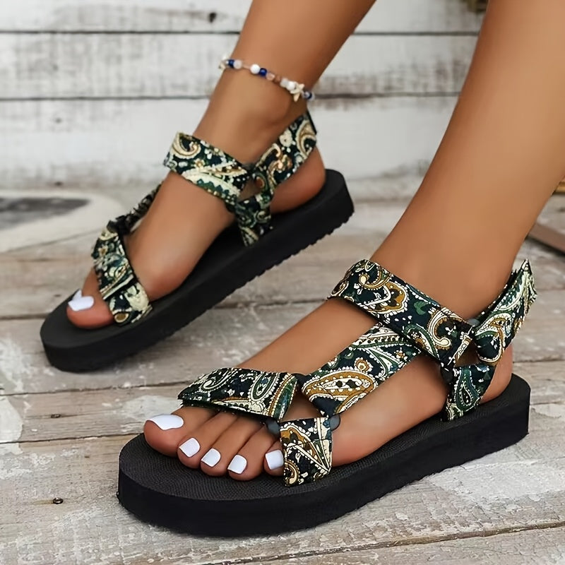 Women'S Bohemian Style Lightweight Flat Sandals With Adjustable Straps - Breathable Linen Fabric & Non-Slip Rubber Sole - Floral Print Summer Beach Shoes, Casual Travel Essentials, Thin Strap Design, Comfy Round Toe Shoes, Vacation Shoes