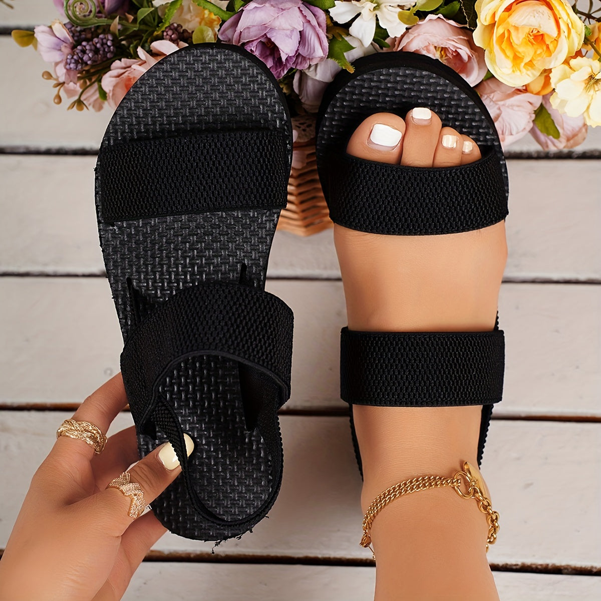 Casual Lightweight Solid Color Sandals - Women's Ankle Strap Open Toe Summer Shoes