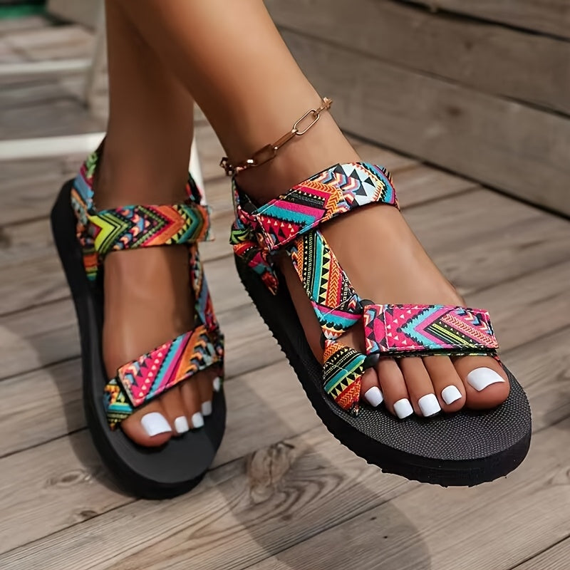 Women'S Bohemian Style Lightweight Flat Sandals With Adjustable Straps - Breathable Linen Fabric & Non-Slip Rubber Sole - Floral Print Summer Beach Shoes, Casual Travel Essentials, Thin Strap Design, Comfy Round Toe Shoes, Vacation Shoes