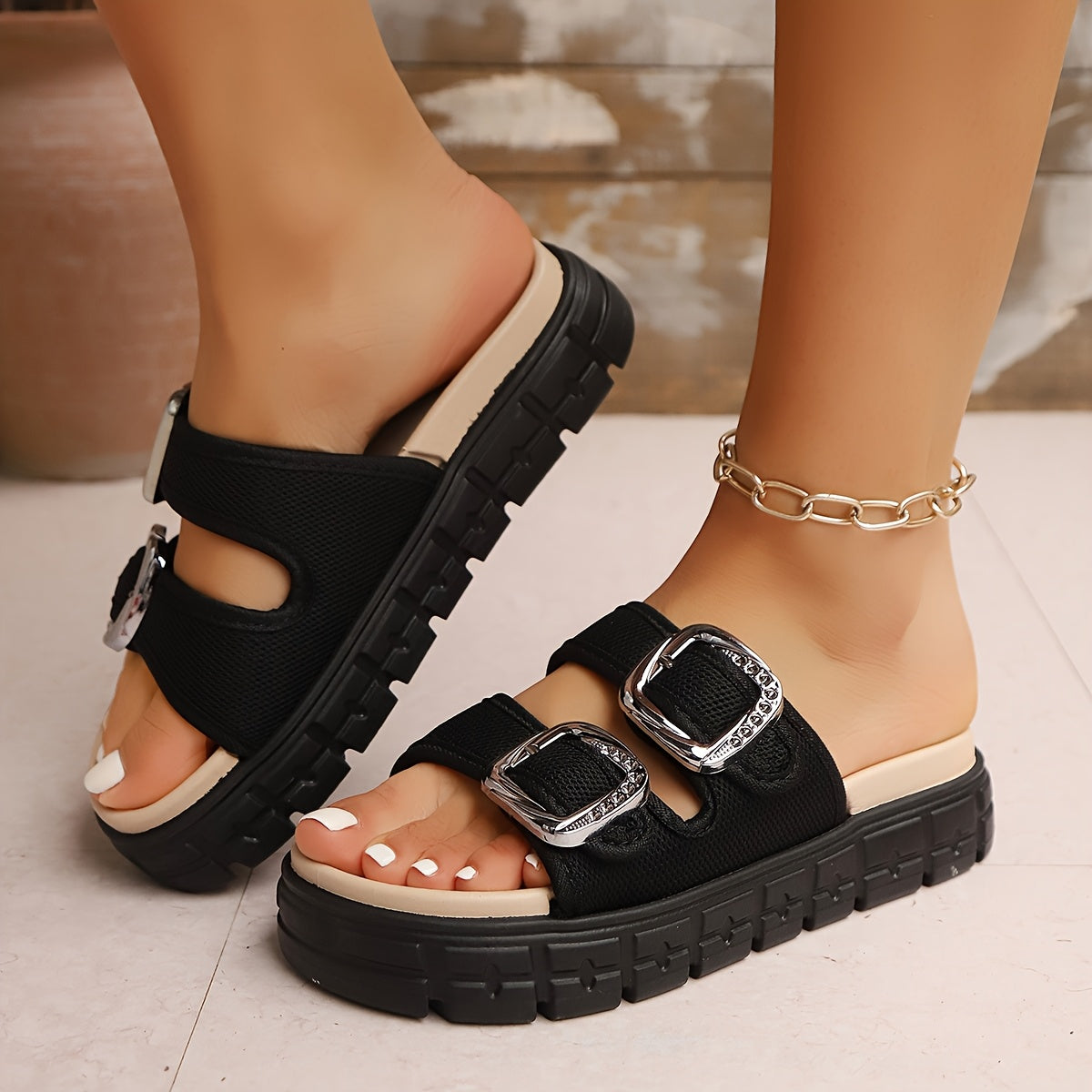 Women's Summer Breathable Grid Sandals - Slip-On Thick Cushioned TPR Sole, Soft Fabric Upper & Metallic Buckle Strap, Open-Toe Casual Comfort in Vibrant Colors (Orange, Pink, Blue, Grey, Red), Comfortable Slippers | Crisscross Design | Artificial Cover