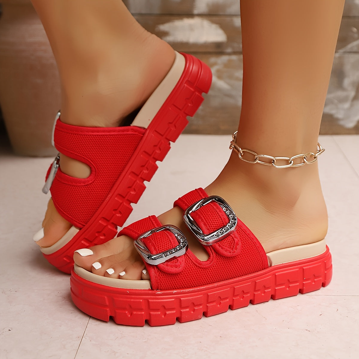 Women's Summer Breathable Grid Sandals - Slip-On Thick Cushioned TPR Sole, Soft Fabric Upper & Metallic Buckle Strap, Open-Toe Casual Comfort in Vibrant Colors (Orange, Pink, Blue, Grey, Red), Comfortable Slippers | Crisscross Design | Artificial Cover
