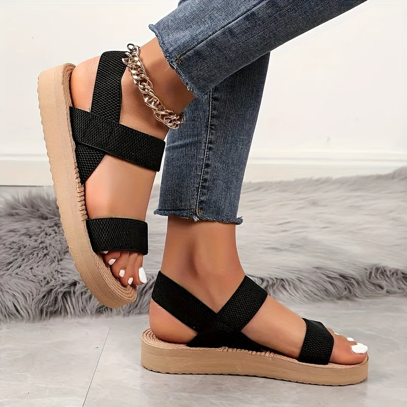 Flat Heel Comfort Fabric Women's Strappy Sandals - Pull-On, Solid Color, Open Toe, EVA Sole-Insole, All-Season Sports Style Casual Footwear
