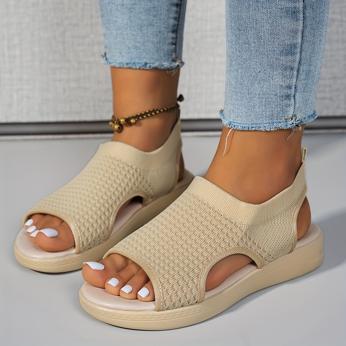 CNSN Women'S Summer Casual Platform Sandals - Open-Toe Breathable Knit Fabric with Elastic Ankle Strap, Thick Cushioned PU Sole for Beach, Casual Attire & Casual Attire, Beach Footwear, Comfortable Footwear