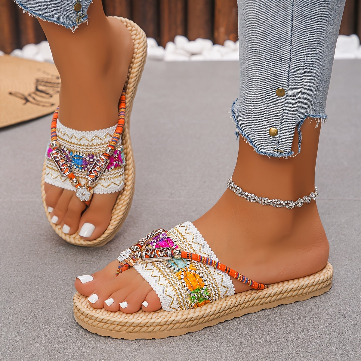Women'S Elegant and Fashionable Ethnic Style Flat Sandals with Colorful Patterns - Slip-On, Open Toe, Fabric Upper and Inner, EVA Sole, EVA Insole, Perfect for Summe