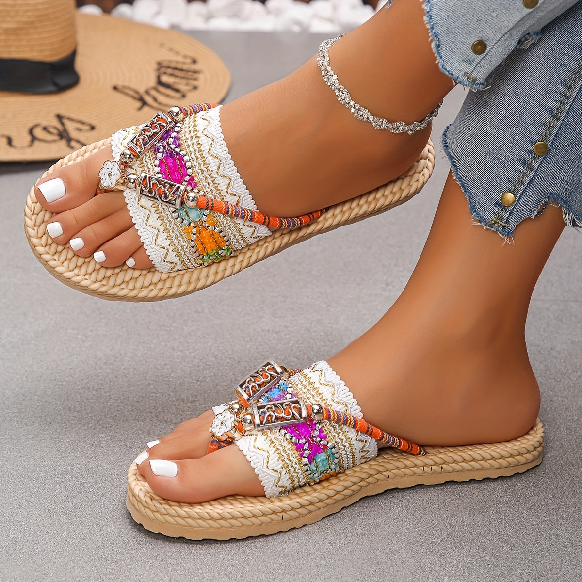 Women'S Elegant and Fashionable Ethnic Style Flat Sandals with Colorful Patterns - Slip-On, Open Toe, Fabric Upper and Inner, EVA Sole, EVA Insole, Perfect for Summe