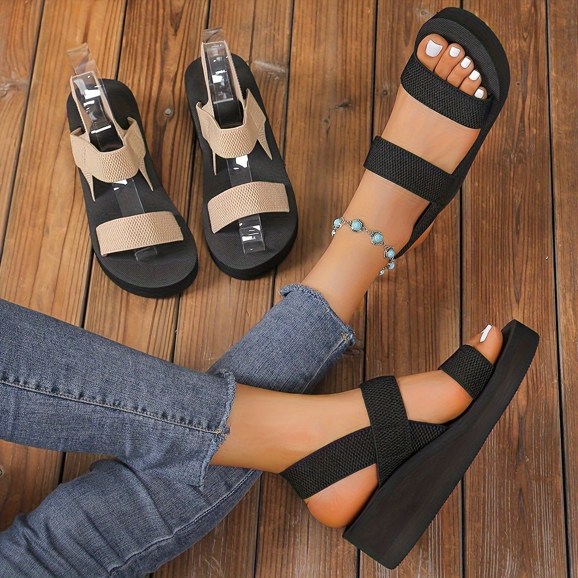 Women's Solid Color Casual Sandals, Platform Slip On Elastic Vacation Shoes, Comfort Wedge Beach Sandals