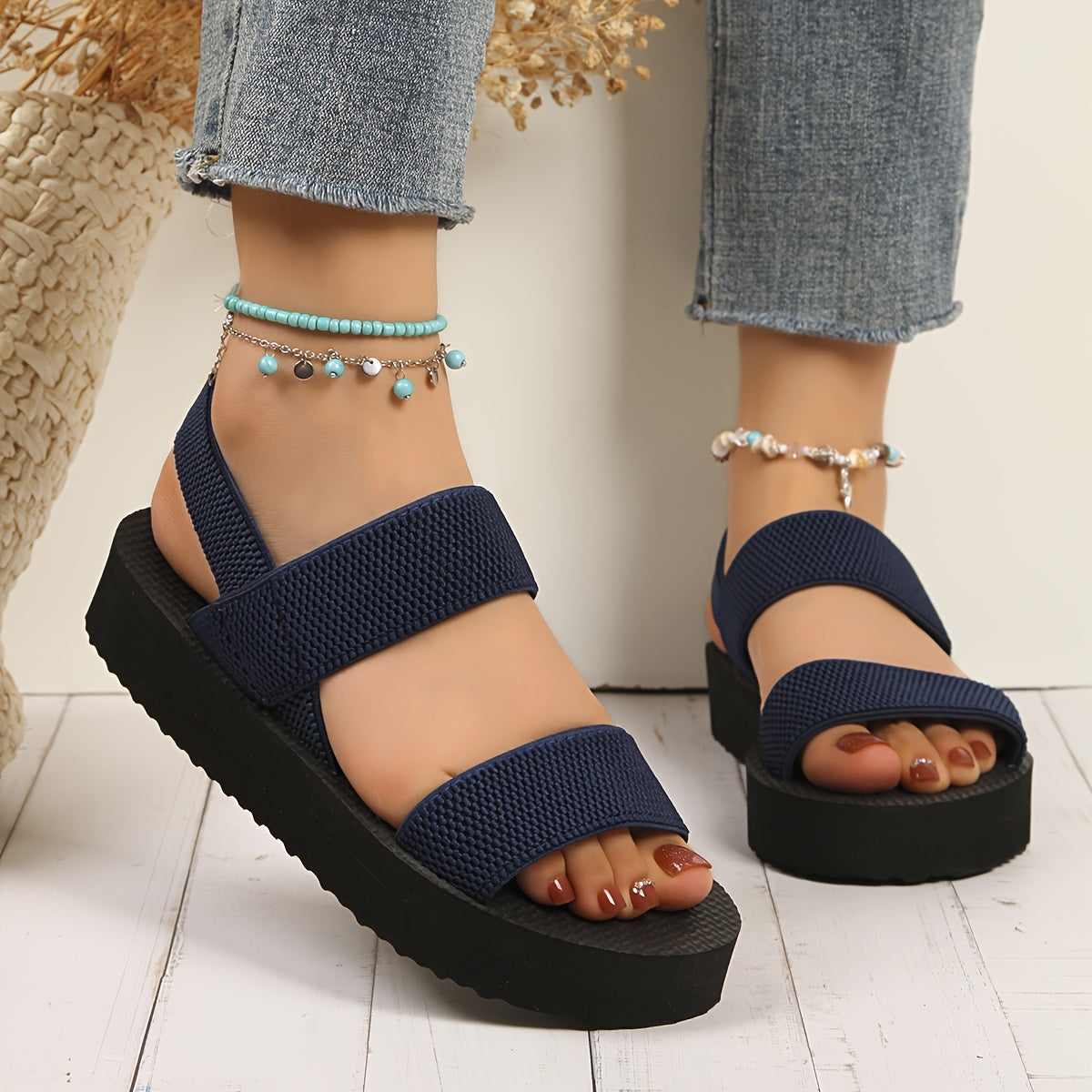 Casual Lightweight Solid Color Sandals - Women's Ankle Strap Open Toe Summer Shoes