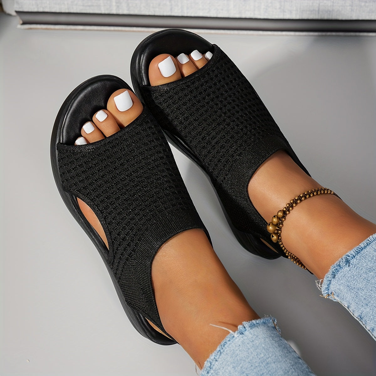 CNSN Women'S Summer Casual Platform Sandals - Open-Toe Breathable Knit Fabric with Elastic Ankle Strap, Thick Cushioned PU Sole for Beach, Casual Attire & Casual Attire, Beach Footwear, Comfortable Footwear