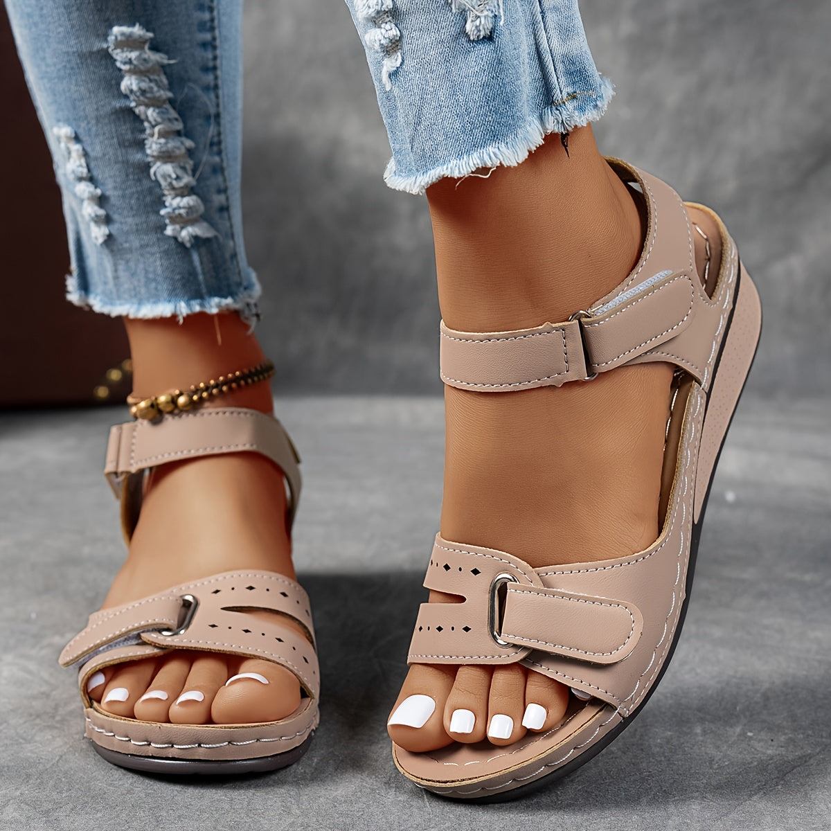ZPLXQQ Women's Beige Wedge Sandals - Comfortable Open Toe Platform Shoes with Adjustable Ankle Strap, Perforated Design for Breathability, Casual Summer Fashion, Strappy Sandals