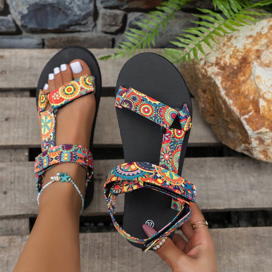 Women'S Bohemian Style Lightweight Flat Sandals With Adjustable Straps - Breathable Linen Fabric & Non-Slip Rubber Sole - Floral Print Summer Beach Shoes, Casual Travel Essentials, Thin Strap Design, Comfy Round Toe Shoes, Vacation Shoes