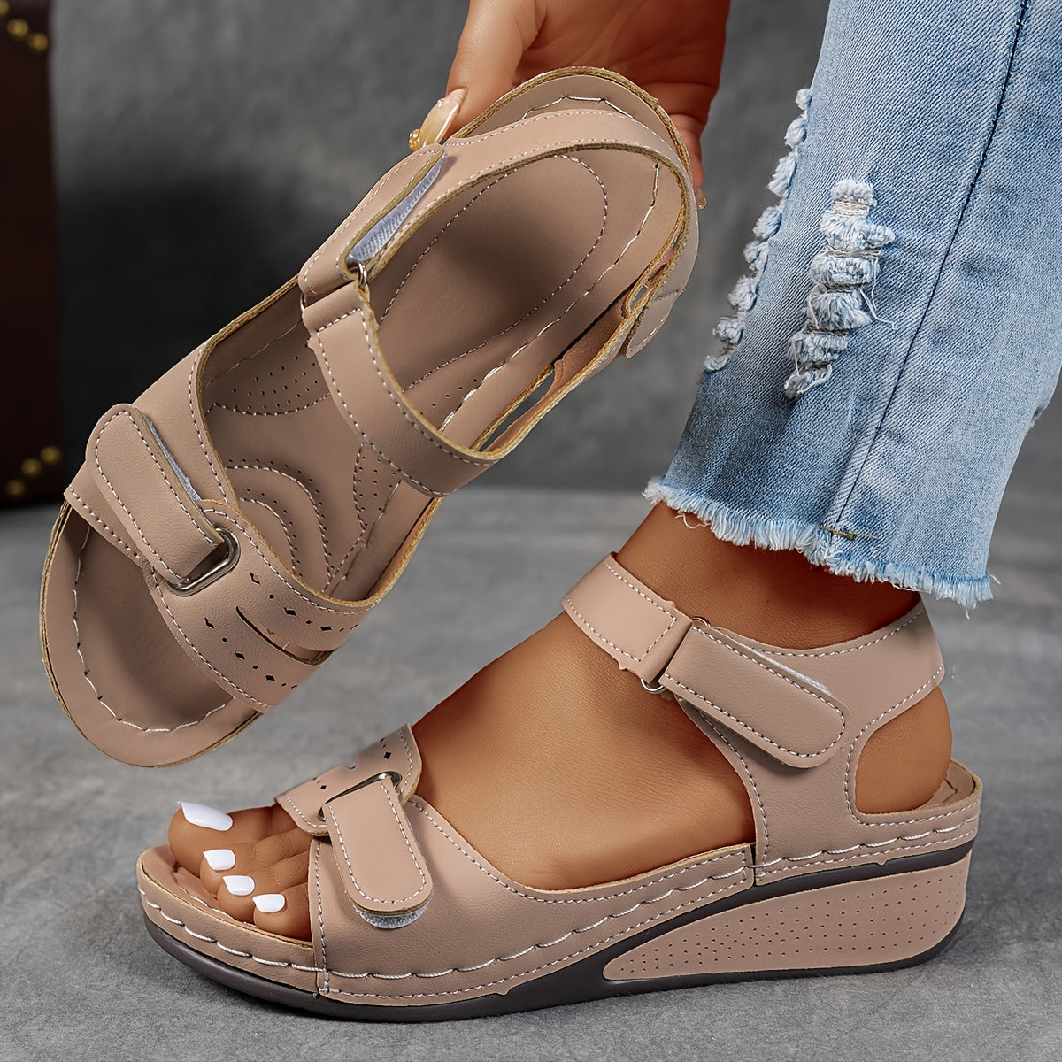 ZPLXQQ Women's Beige Wedge Sandals - Comfortable Open Toe Platform Shoes with Adjustable Ankle Strap, Perforated Design for Breathability, Casual Summer Fashion, Strappy Sandals