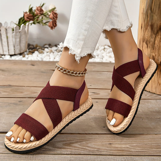 [Elastic Flat Women's Sandals] Women's Elastic Band Flat Sandals, Casual Cross Strap Outdoor Sandals, Comfortable Beach Sandals