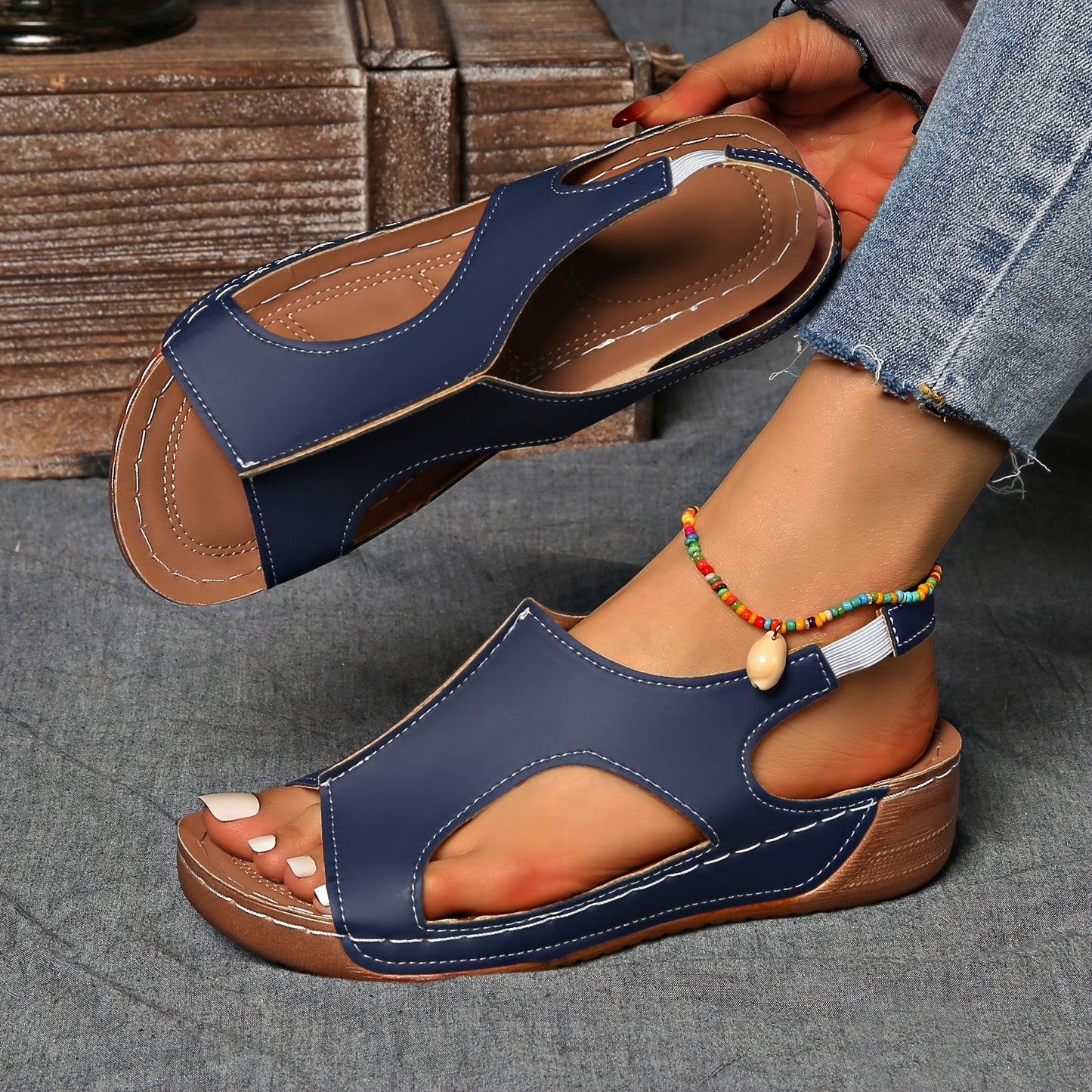 [Summer Sandals] Summer Comfortable Women's Wedge Sports Sandals | Solid Color Casual Versatile Open-Toe Simple Outdoor Vacation Thick Sole Hollowed-Out Barefoot Stretch Elastic Strap Beach Sandals