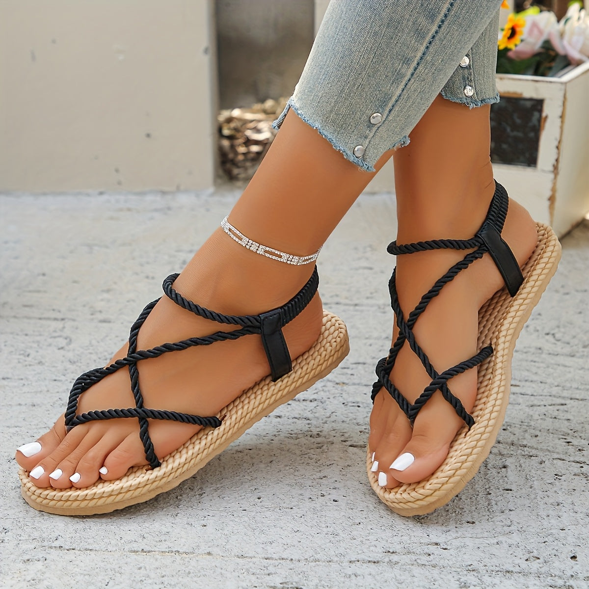 [Stylish Summer Sandals] Lightweight Stylish Women's Braided Flat Sandals - Open Toe with Adjustable Black Straps, Summer Beach Shoes for Casual or Vacation Wear, Comfortable Fit, Strappy Sandals