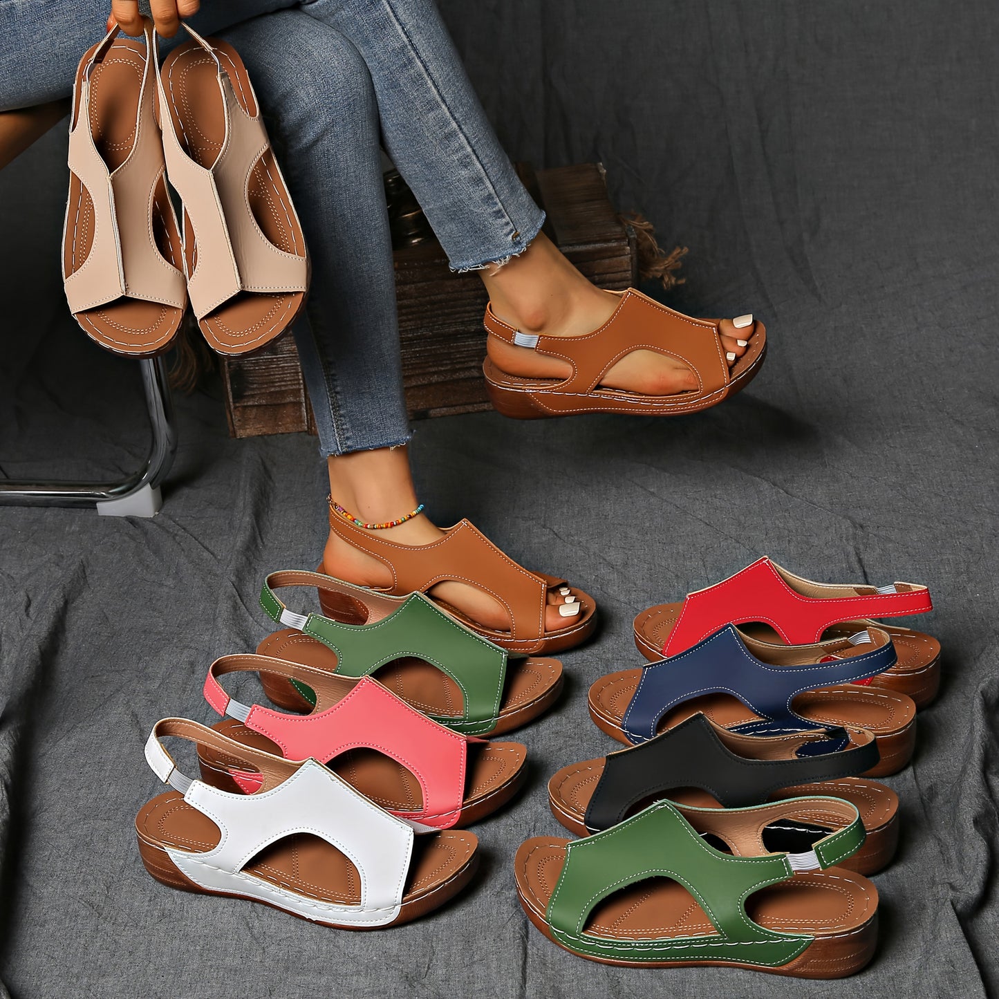 [Summer Sandals] Summer Comfortable Women's Wedge Sports Sandals | Solid Color Casual Versatile Open-Toe Simple Outdoor Vacation Thick Sole Hollowed-Out Barefoot Stretch Elastic Strap Beach Sandals