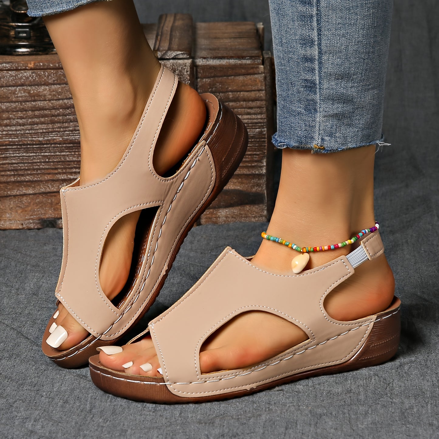 [Summer Sandals] Summer Comfortable Women's Wedge Sports Sandals | Solid Color Casual Versatile Open-Toe Simple Outdoor Vacation Thick Sole Hollowed-Out Barefoot Stretch Elastic Strap Beach Sandals