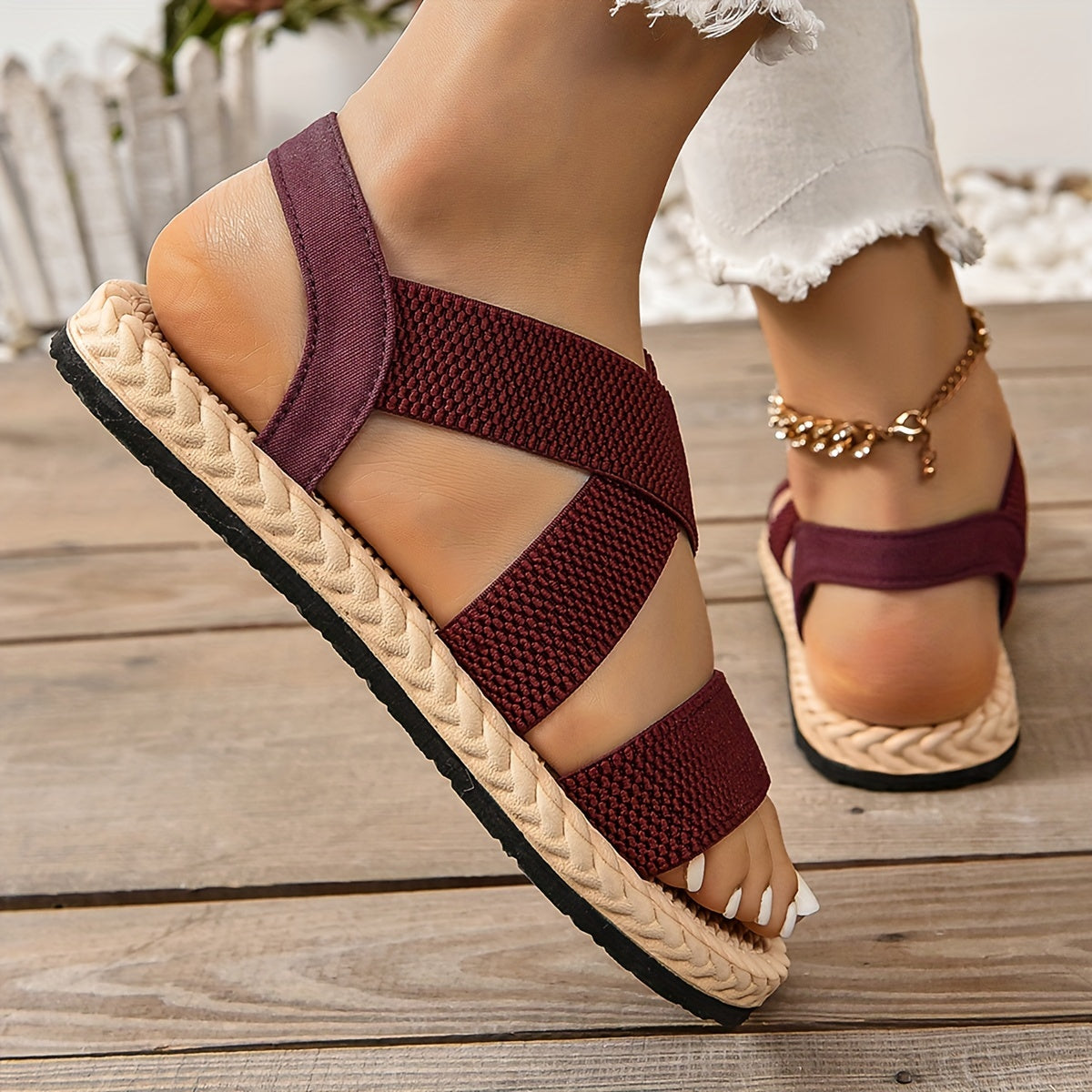 [Elastic Flat Women's Sandals] Women's Elastic Band Flat Sandals, Casual Cross Strap Outdoor Sandals, Comfortable Beach Sandals