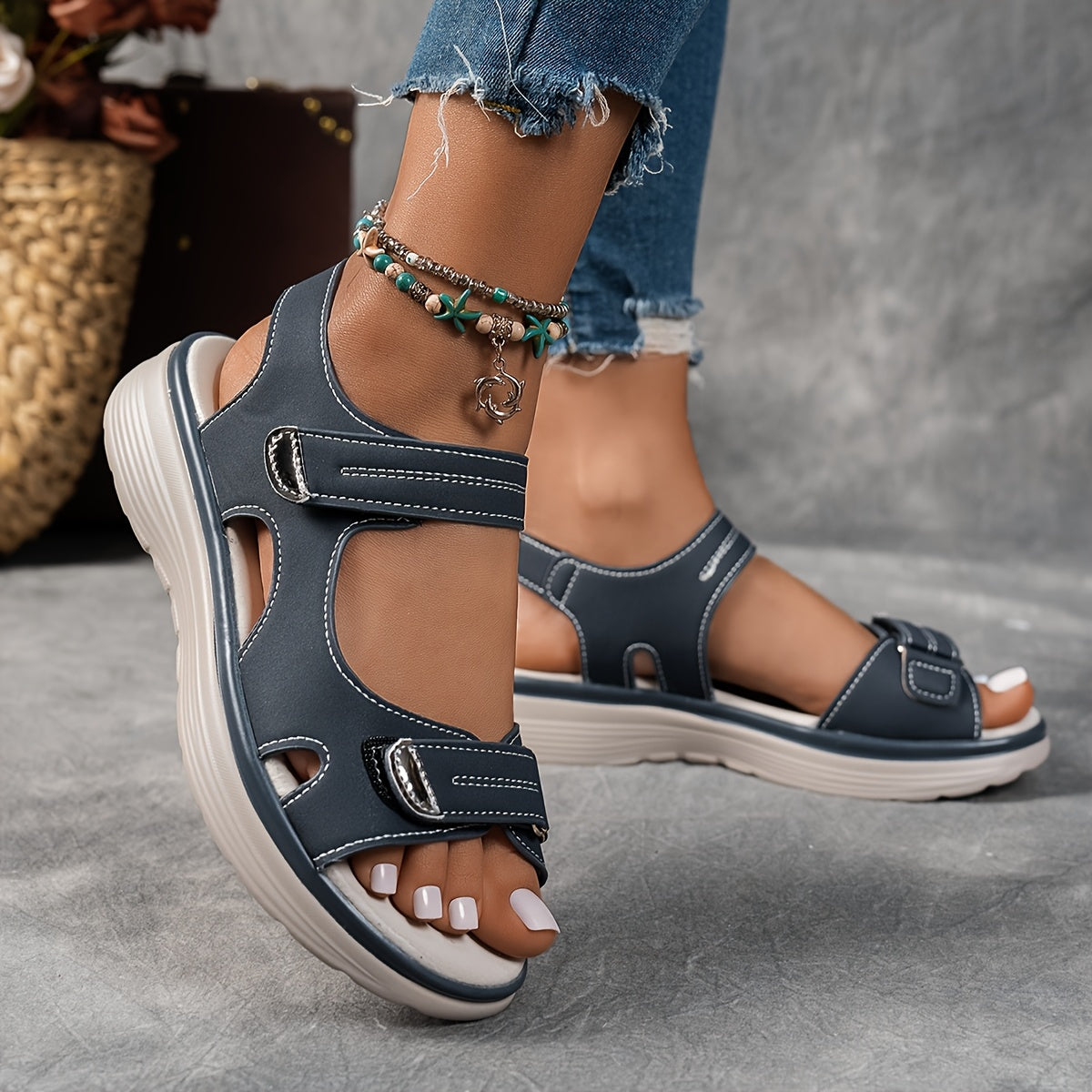 [Comfortable Wedge] Women's Summer Casual Black Sandals | Breathable PU Cover | Adjustable Ankle Strap | Comfortable Wedge Heel | Stylish Beach Footwear