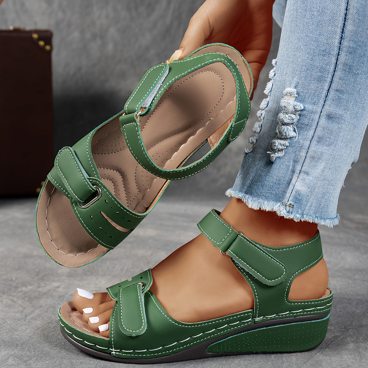 ZPLXQQ Women's Beige Wedge Sandals - Comfortable Open Toe Platform Shoes with Adjustable Ankle Strap, Perforated Design for Breathability, Casual Summer Fashion, Strappy Sandals
