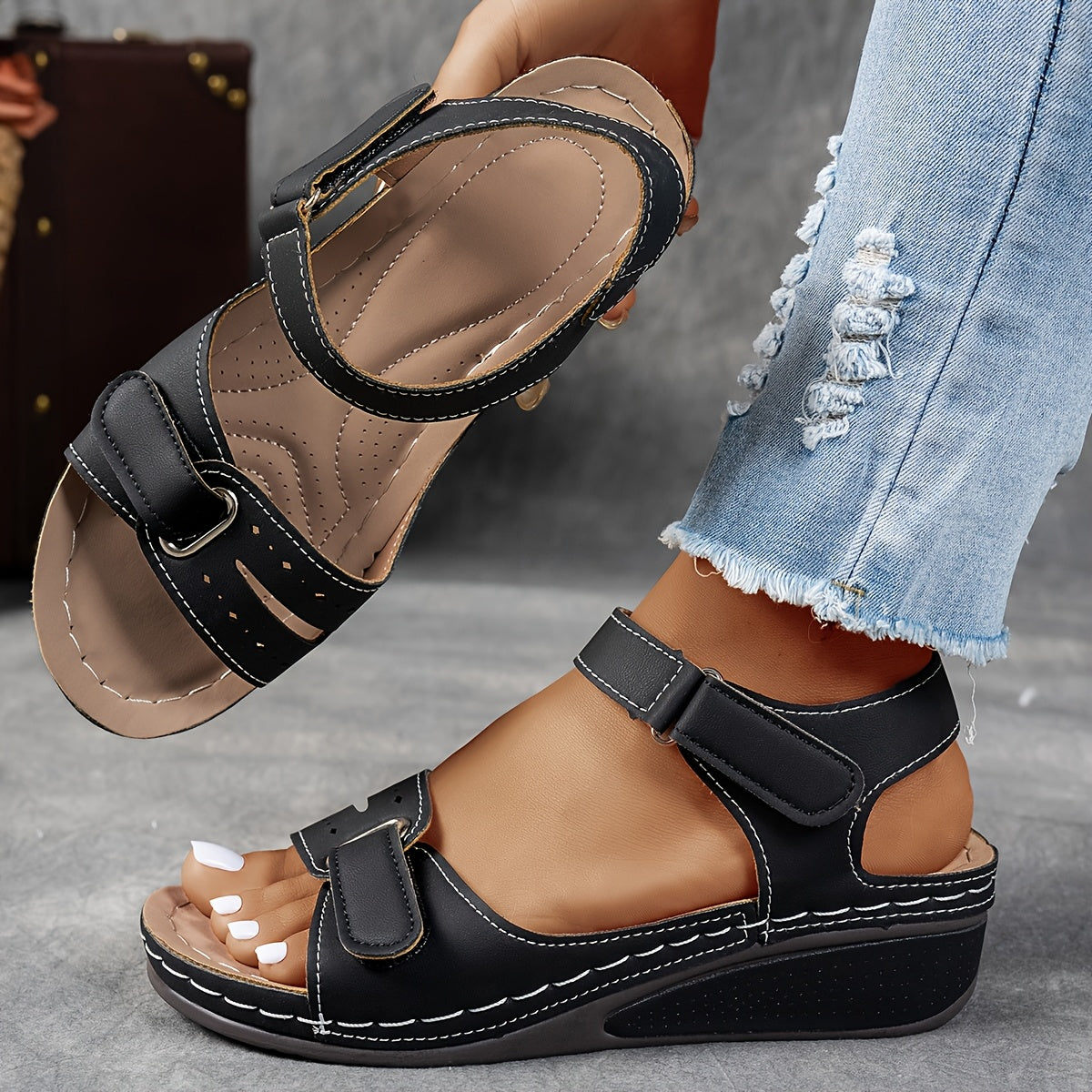 ZPLXQQ Women's Beige Wedge Sandals - Comfortable Open Toe Platform Shoes with Adjustable Ankle Strap, Perforated Design for Breathability, Casual Summer Fashion, Strappy Sandals