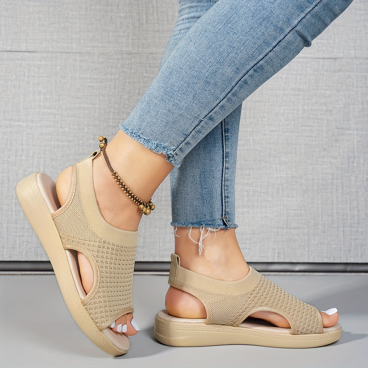 CNSN Women'S Summer Casual Platform Sandals - Open-Toe Breathable Knit Fabric with Elastic Ankle Strap, Thick Cushioned PU Sole for Beach, Casual Attire & Casual Attire, Beach Footwear, Comfortable Footwear