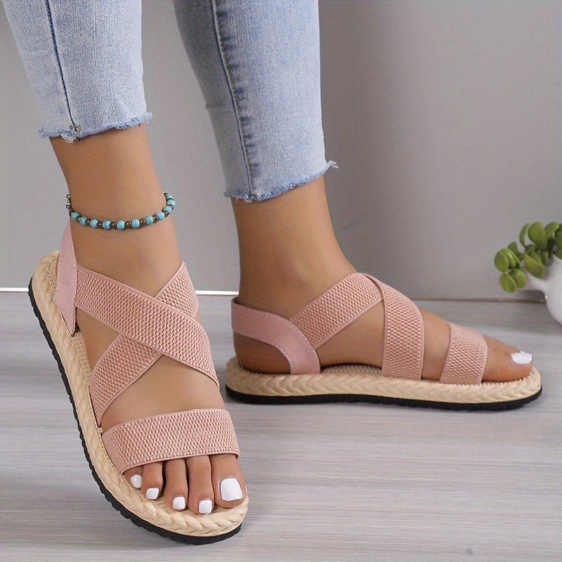 [Elastic Flat Women's Sandals] Women's Elastic Band Flat Sandals, Casual Cross Strap Outdoor Sandals, Comfortable Beach Sandals