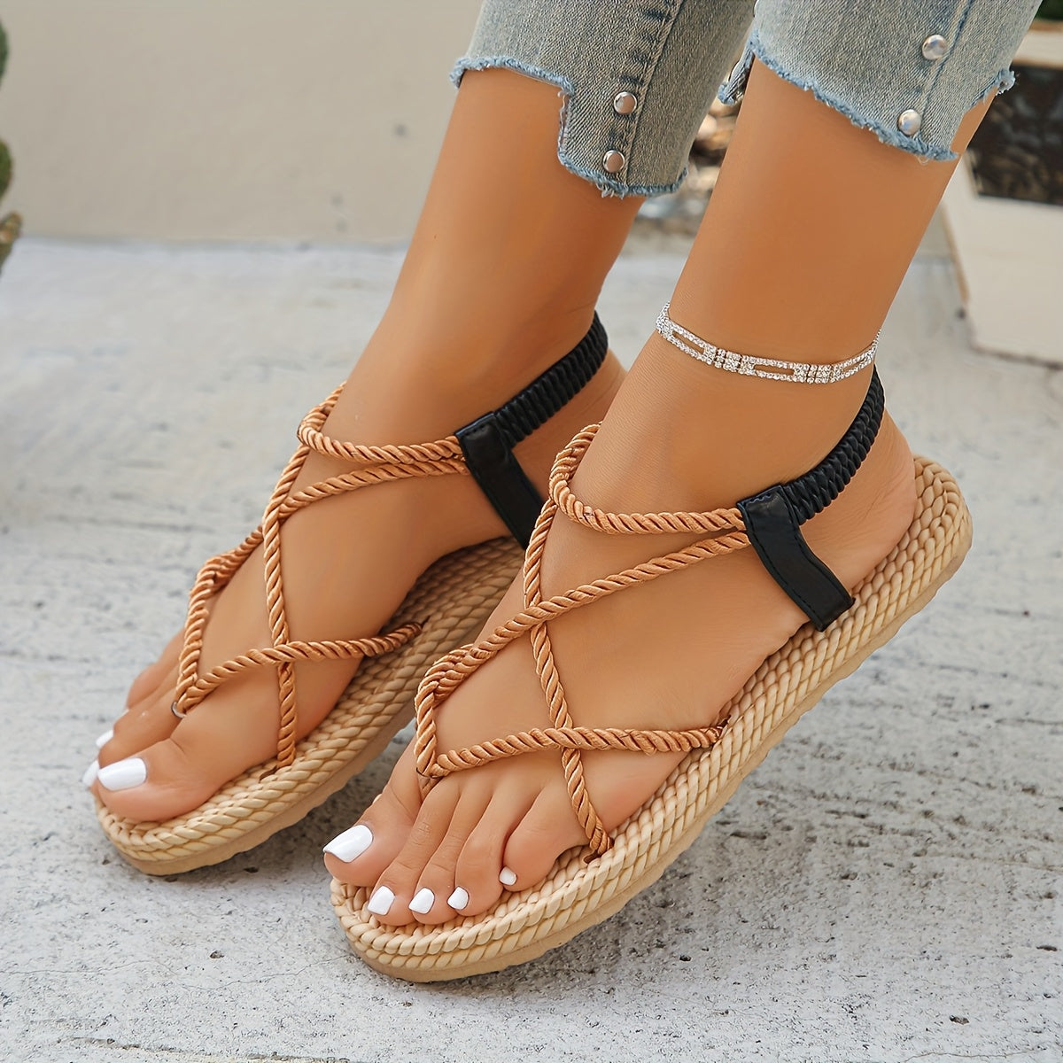 [Stylish Summer Sandals] Lightweight Stylish Women's Braided Flat Sandals - Open Toe with Adjustable Black Straps, Summer Beach Shoes for Casual or Vacation Wear, Comfortable Fit, Strappy Sandals