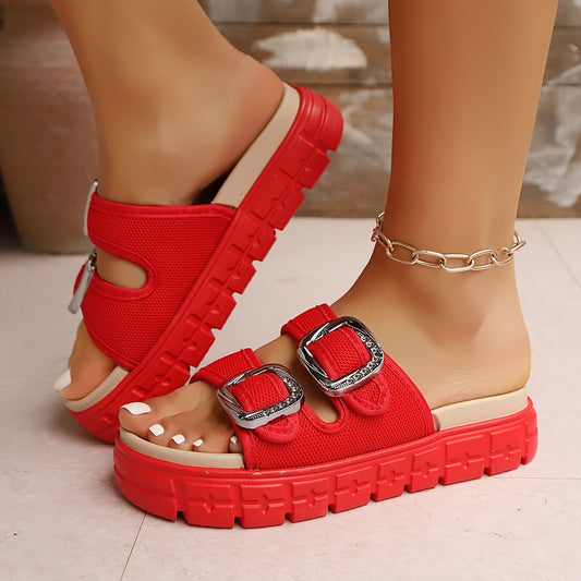 Women's Summer Breathable Grid Sandals - Slip-On Thick Cushioned TPR Sole, Soft Fabric Upper & Metallic Buckle Strap, Open-Toe Casual Comfort in Vibrant Colors (Orange, Pink, Blue, Grey, Red), Comfortable Slippers | Crisscross Design | Artificial Cover