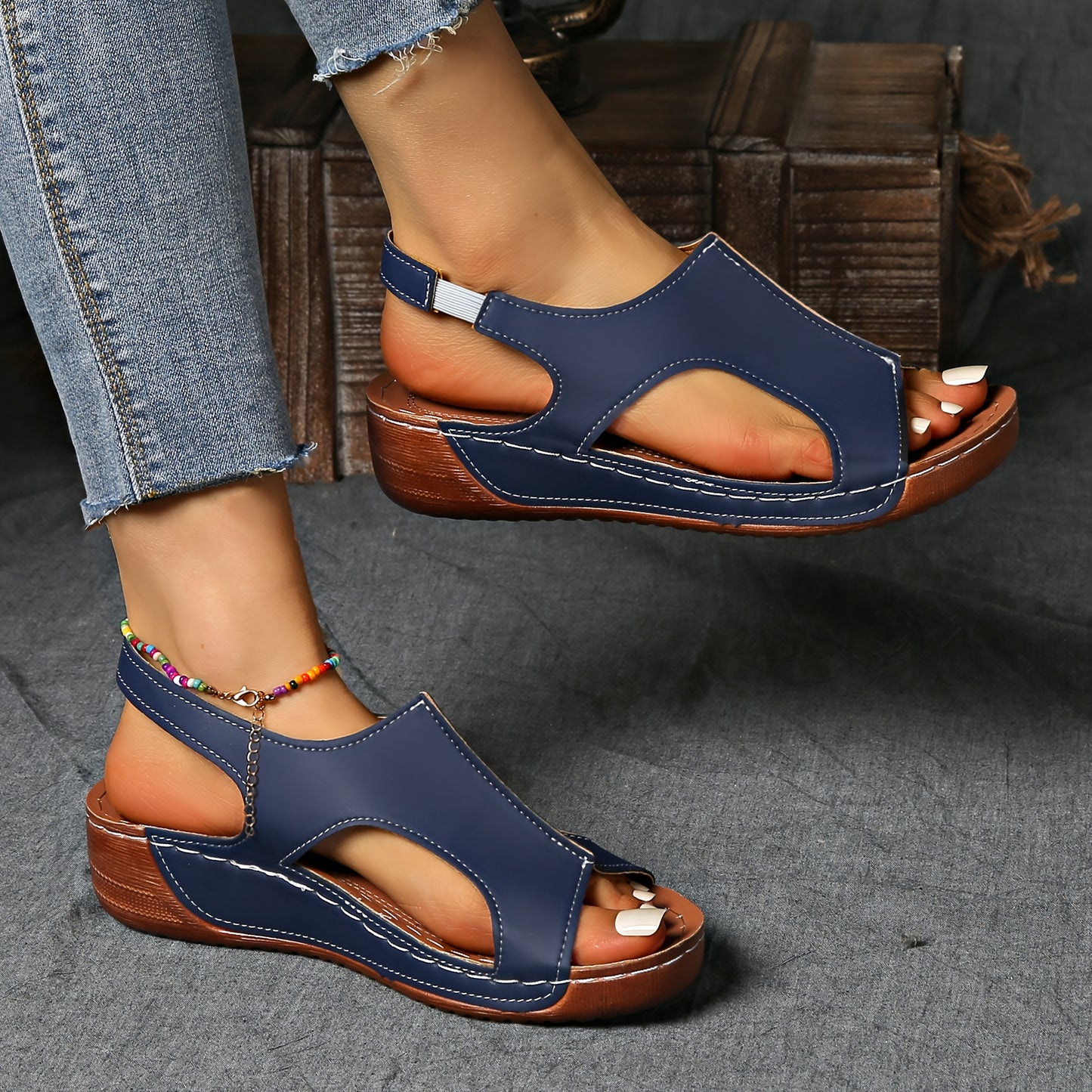 [Summer Sandals] Summer Comfortable Women's Wedge Sports Sandals | Solid Color Casual Versatile Open-Toe Simple Outdoor Vacation Thick Sole Hollowed-Out Barefoot Stretch Elastic Strap Beach Sandals