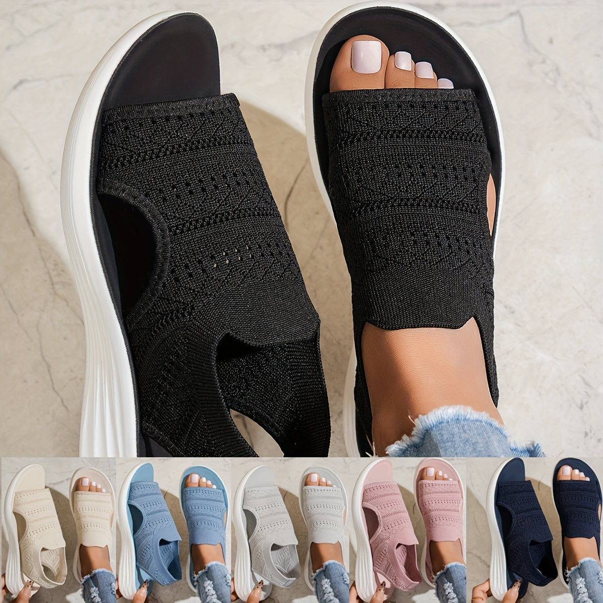 [Comfortable Sandals] Comfortable Women's Summer Open-Toe Running Sandals | Breathable Fabric Slide Sandals with Cushioned PU Sole for Beach, Swimming & Casual Wear - Black, Slipon Footwear, Synthetic Synthetic Leather Insole, Minimalist Design