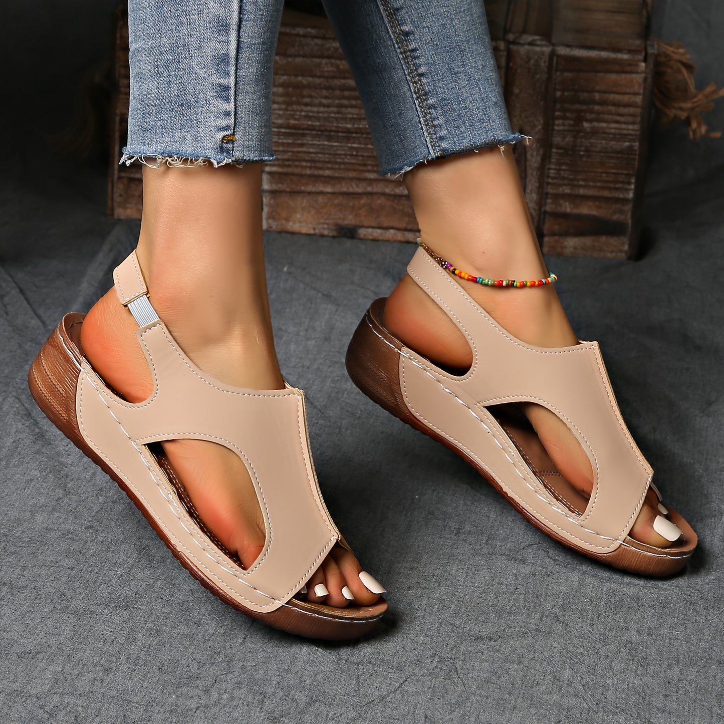 [Summer Sandals] Summer Comfortable Women's Wedge Sports Sandals | Solid Color Casual Versatile Open-Toe Simple Outdoor Vacation Thick Sole Hollowed-Out Barefoot Stretch Elastic Strap Beach Sandals