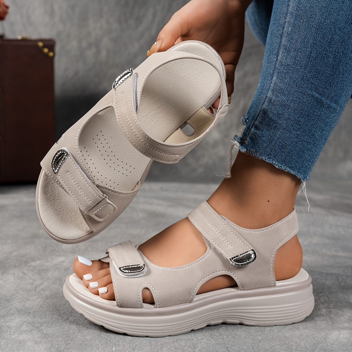 [Comfortable Wedge] Women's Summer Casual Black Sandals | Breathable PU Cover | Adjustable Ankle Strap | Comfortable Wedge Heel | Stylish Beach Footwear