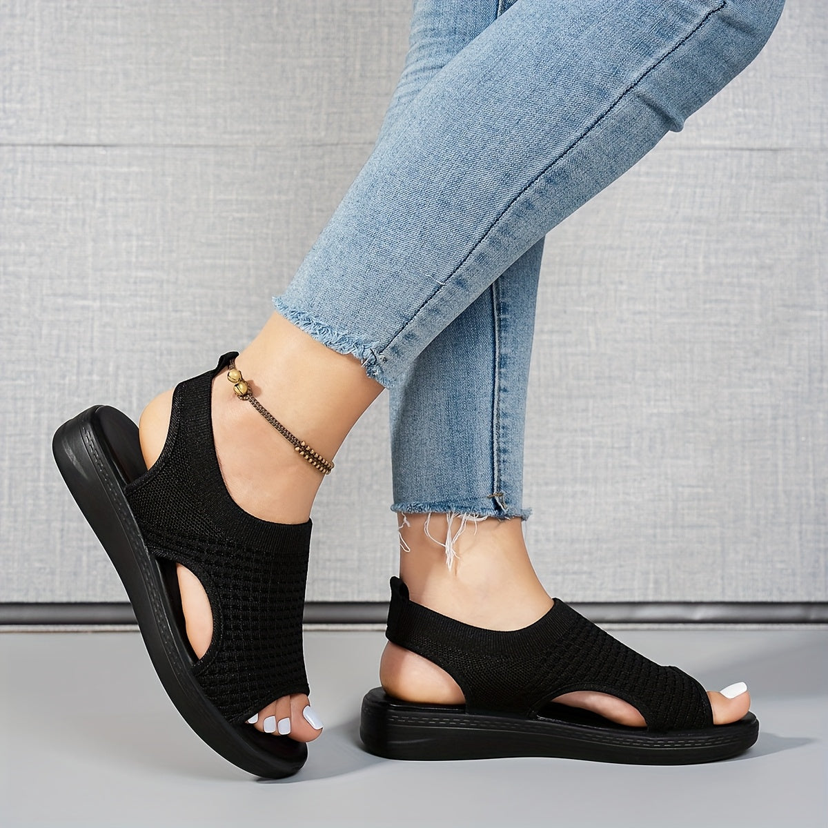 CNSN Women'S Summer Casual Platform Sandals - Open-Toe Breathable Knit Fabric with Elastic Ankle Strap, Thick Cushioned PU Sole for Beach, Casual Attire & Casual Attire, Beach Footwear, Comfortable Footwear