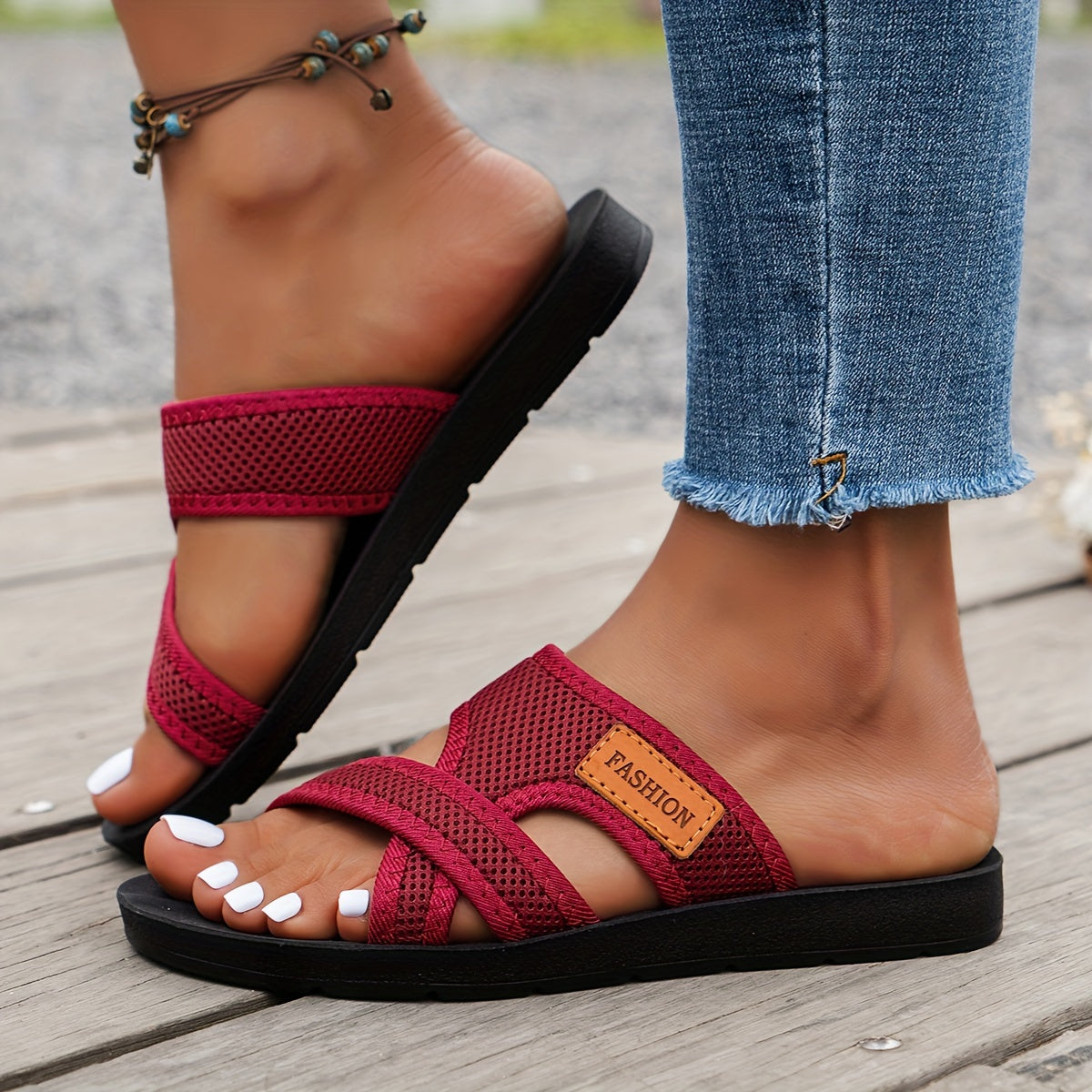 [Breathable Mesh] Women's Breathable Mesh Slide Sandals | Comfortable Open-Toe Flat Shoes | Lightweight | Crisscross Straps, Casual Indoor & Outdoor Wear | Summer | Strappy