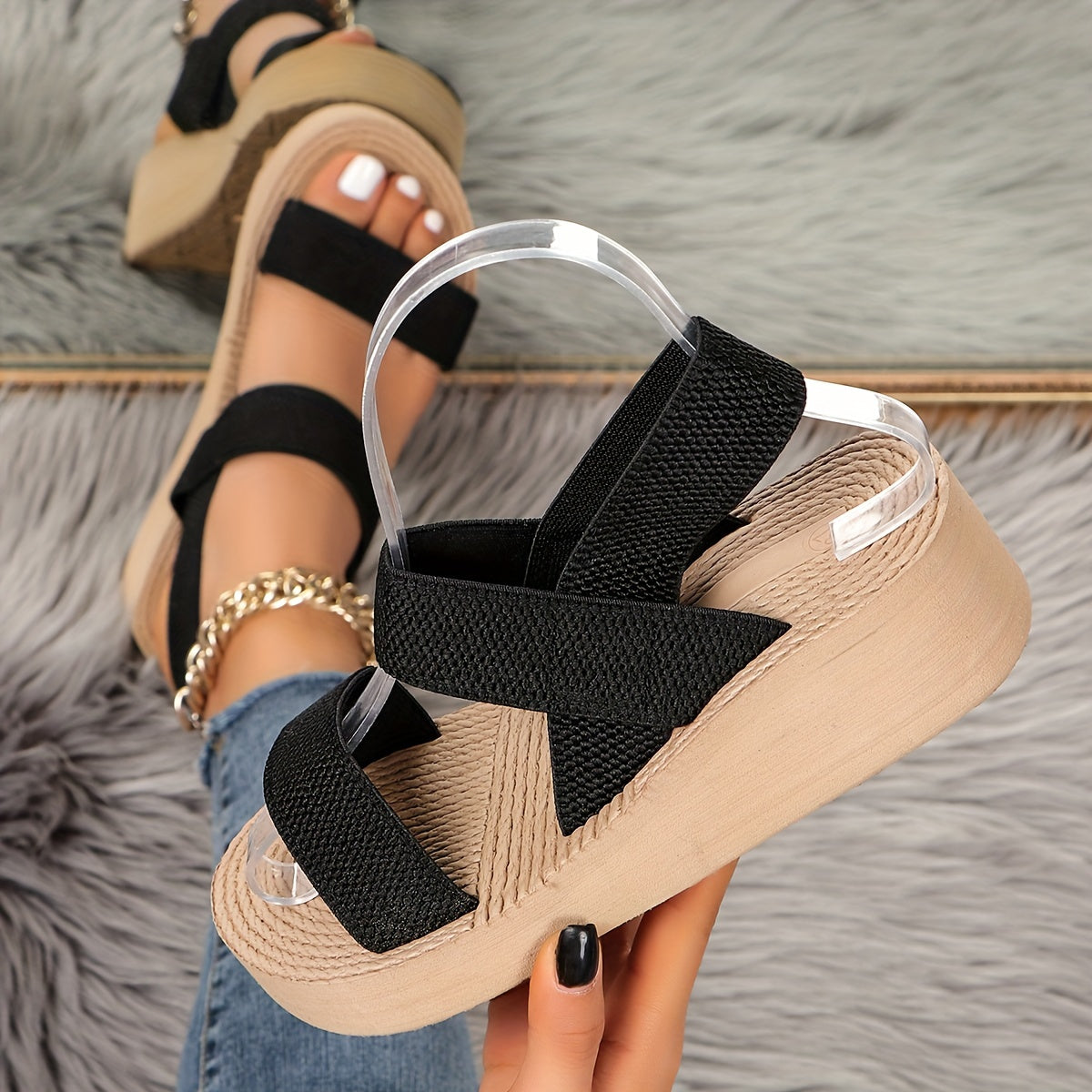 [Chic Summer Sandals] Comfortable Beige Summer Women's High Heel Sandals | Open Toe with Ankle Strap, EVA Sole, Fashion Wedge Heels for Beach and Travel, Strappy Sandals, Straw-Texture Fabric