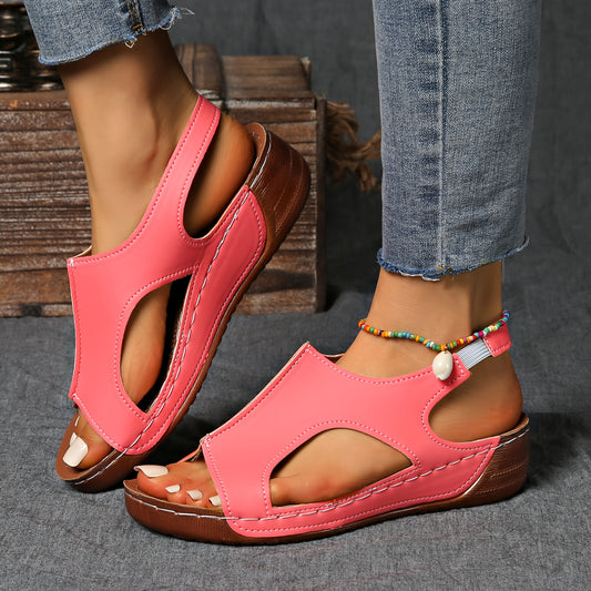 [Summer Sandals] Summer Comfortable Women's Wedge Sports Sandals | Solid Color Casual Versatile Open-Toe Simple Outdoor Vacation Thick Sole Hollowed-Out Barefoot Stretch Elastic Strap Beach Sandals