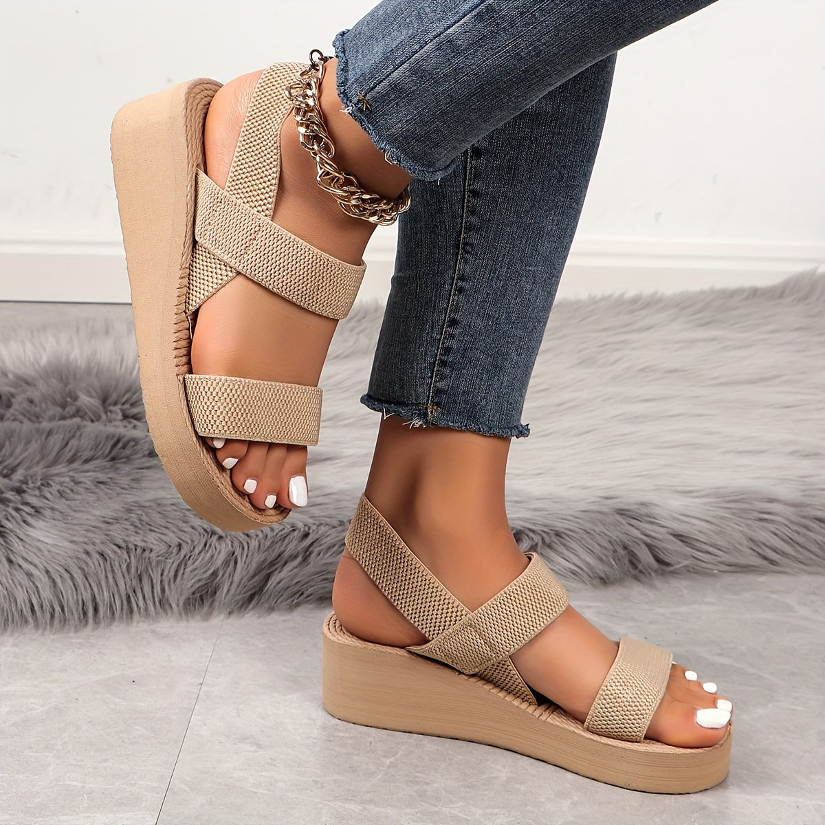 [Chic Summer Sandals] Comfortable Beige Summer Women's High Heel Sandals | Open Toe with Ankle Strap, EVA Sole, Fashion Wedge Heels for Beach and Travel, Strappy Sandals, Straw-Texture Fabric