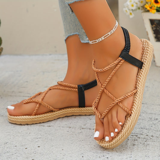 [Stylish Summer Sandals] Lightweight Stylish Women's Braided Flat Sandals - Open Toe with Adjustable Black Straps, Summer Beach Shoes for Casual or Vacation Wear, Comfortable Fit, Strappy Sandals