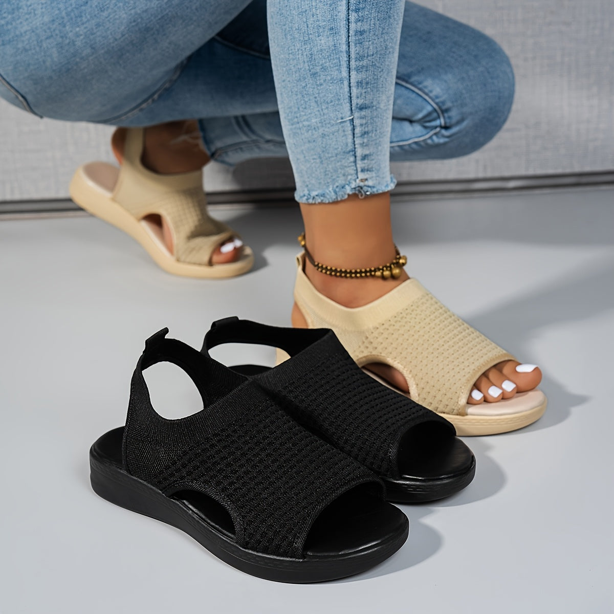 CNSN Women'S Summer Casual Platform Sandals - Open-Toe Breathable Knit Fabric with Elastic Ankle Strap, Thick Cushioned PU Sole for Beach, Casual Attire & Casual Attire, Beach Footwear, Comfortable Footwear