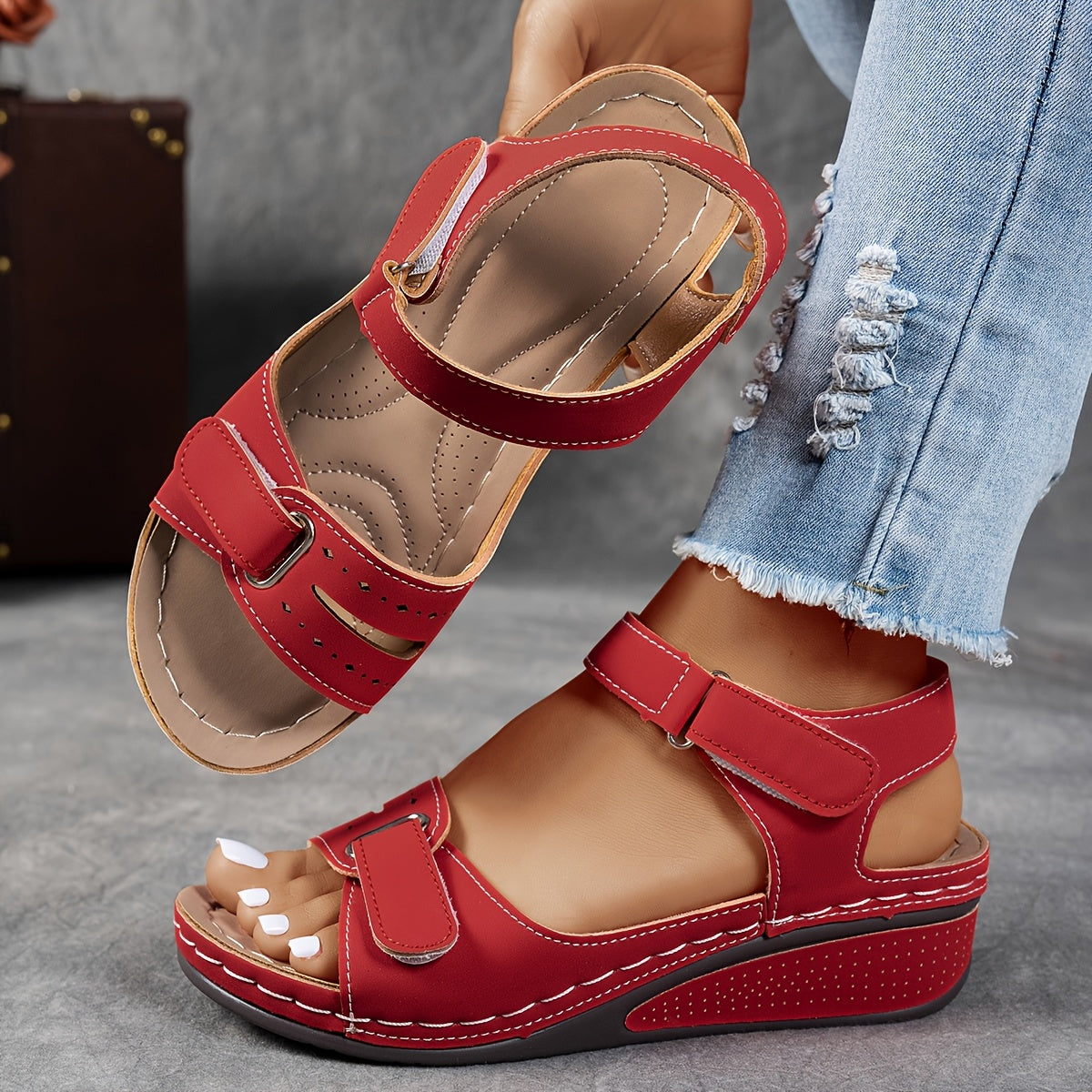 ZPLXQQ Women's Beige Wedge Sandals - Comfortable Open Toe Platform Shoes with Adjustable Ankle Strap, Perforated Design for Breathability, Casual Summer Fashion, Strappy Sandals