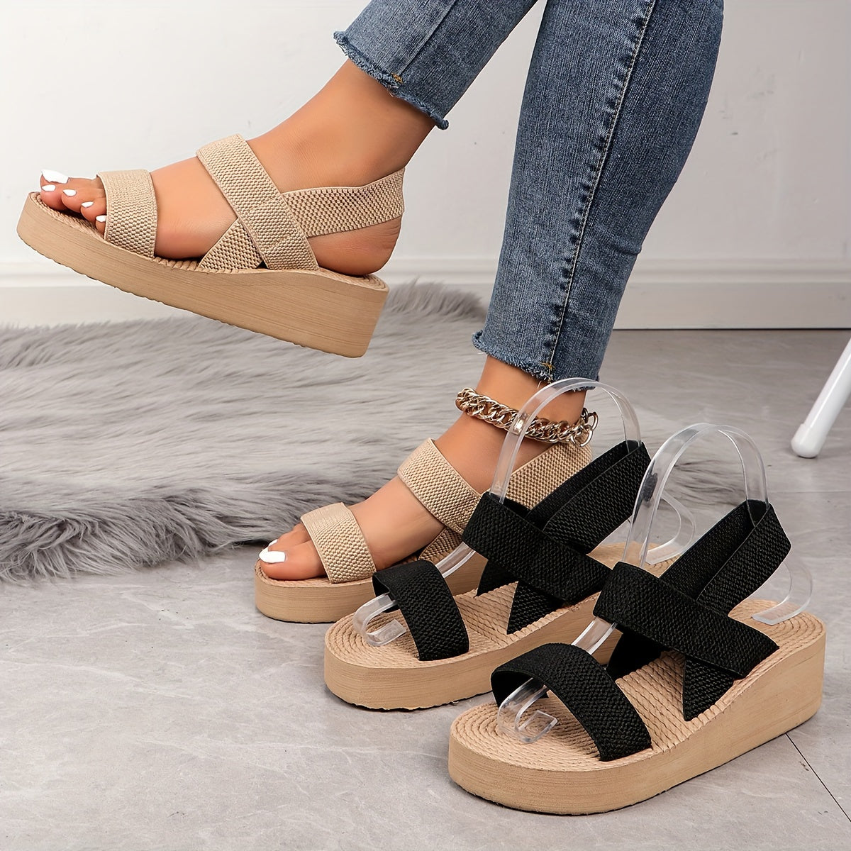 [Chic Summer Sandals] Comfortable Beige Summer Women's High Heel Sandals | Open Toe with Ankle Strap, EVA Sole, Fashion Wedge Heels for Beach and Travel, Strappy Sandals, Straw-Texture Fabric