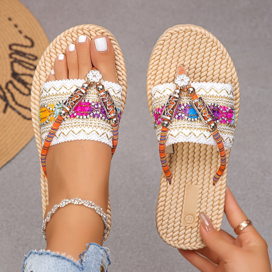 Women'S Elegant and Fashionable Ethnic Style Flat Sandals with Colorful Patterns - Slip-On, Open Toe, Fabric Upper and Inner, EVA Sole, EVA Insole, Perfect for Summe