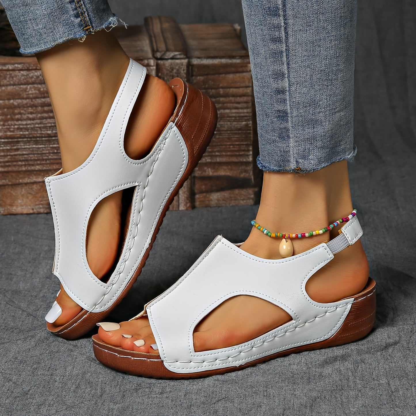 [Summer Sandals] Summer Comfortable Women's Wedge Sports Sandals | Solid Color Casual Versatile Open-Toe Simple Outdoor Vacation Thick Sole Hollowed-Out Barefoot Stretch Elastic Strap Beach Sandals