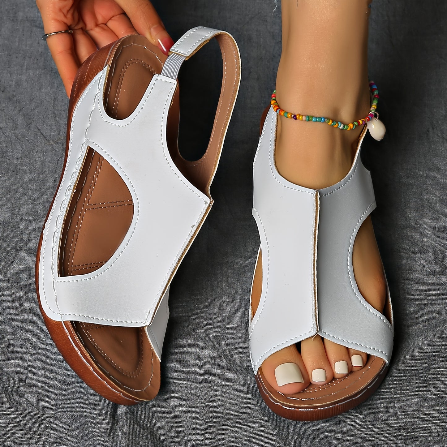 [Summer Sandals] Summer Comfortable Women's Wedge Sports Sandals | Solid Color Casual Versatile Open-Toe Simple Outdoor Vacation Thick Sole Hollowed-Out Barefoot Stretch Elastic Strap Beach Sandals