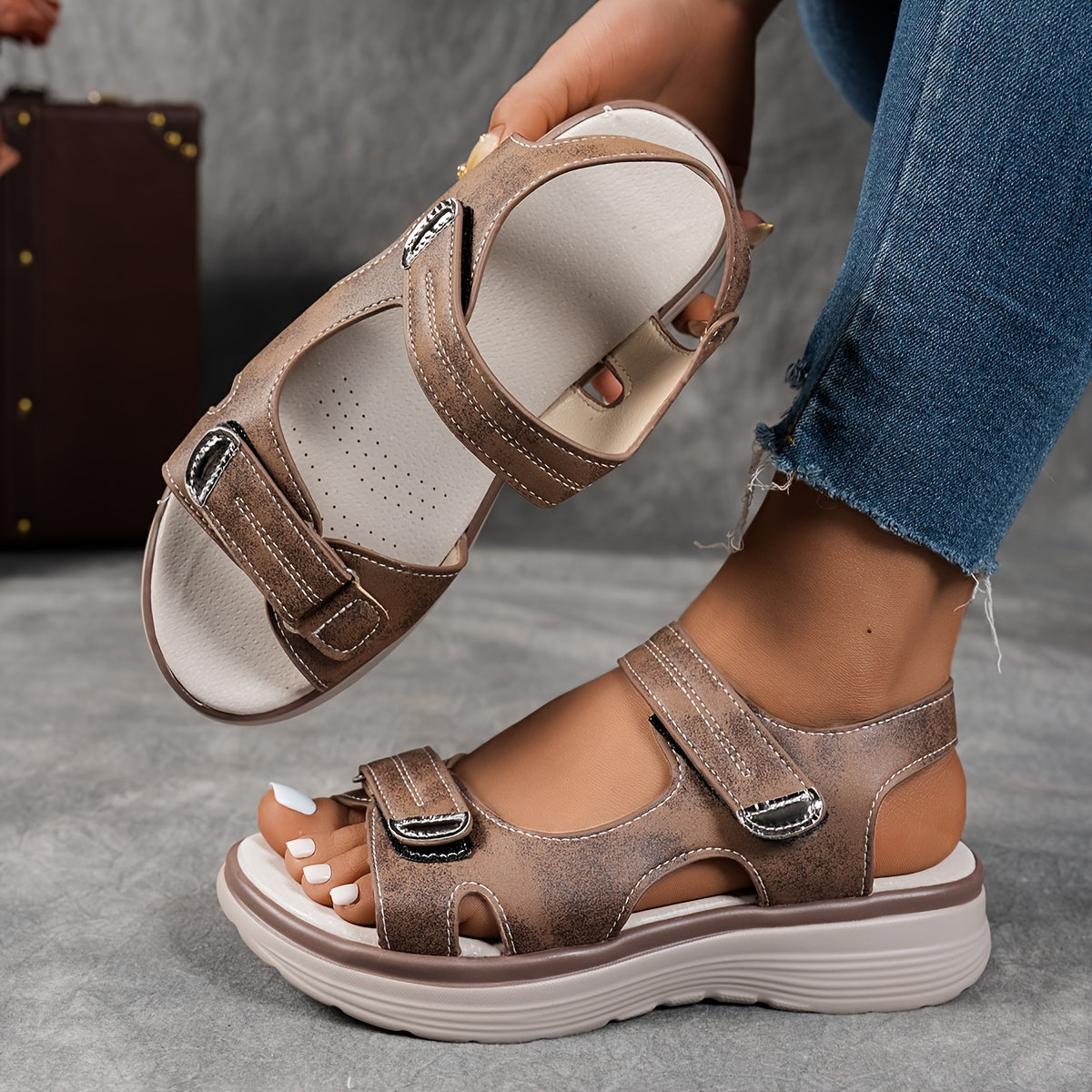 [Comfortable Wedge] Women's Summer Casual Black Sandals | Breathable PU Cover | Adjustable Ankle Strap | Comfortable Wedge Heel | Stylish Beach Footwear