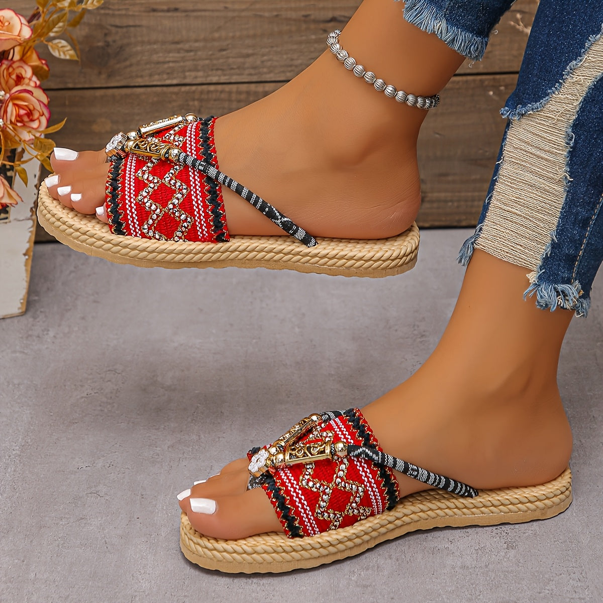 [Elegant Sandals] Elegant Chinese Ethnic Style Women's Flat Sandals | Colorful Beaded Ankle Straps, Open-Toe Design, Braided Sole - Summer Casual Footwear