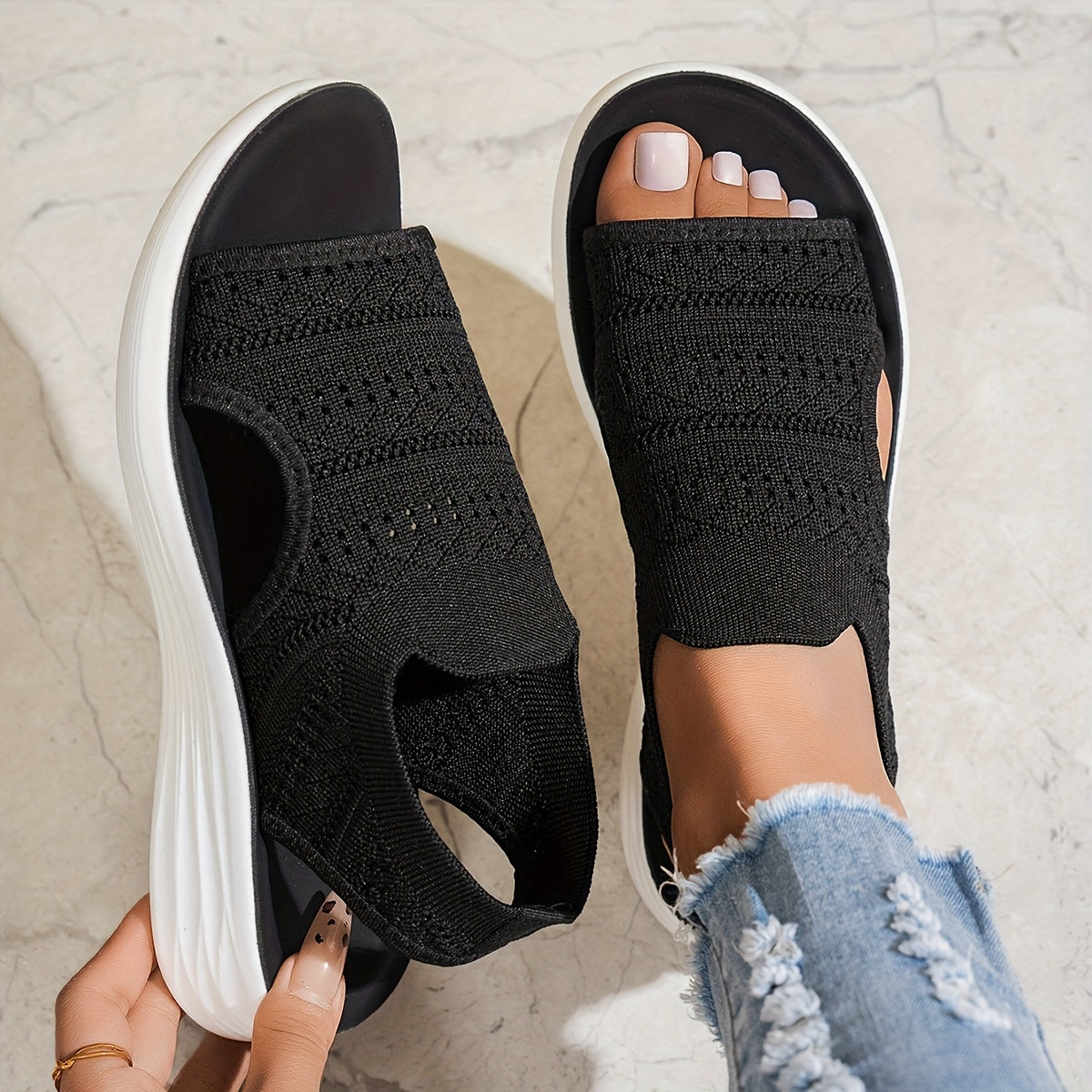 [Comfortable Sandals] Comfortable Women's Summer Open-Toe Running Sandals | Breathable Fabric Slide Sandals with Cushioned PU Sole for Beach, Swimming & Casual Wear - Black, Slipon Footwear, Synthetic Synthetic Leather Insole, Minimalist Design