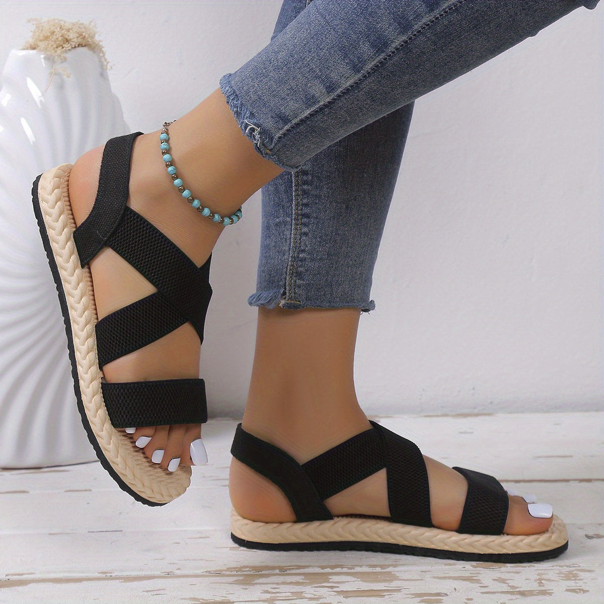 [Elastic Flat Women's Sandals] Women's Elastic Band Flat Sandals, Casual Cross Strap Outdoor Sandals, Comfortable Beach Sandals