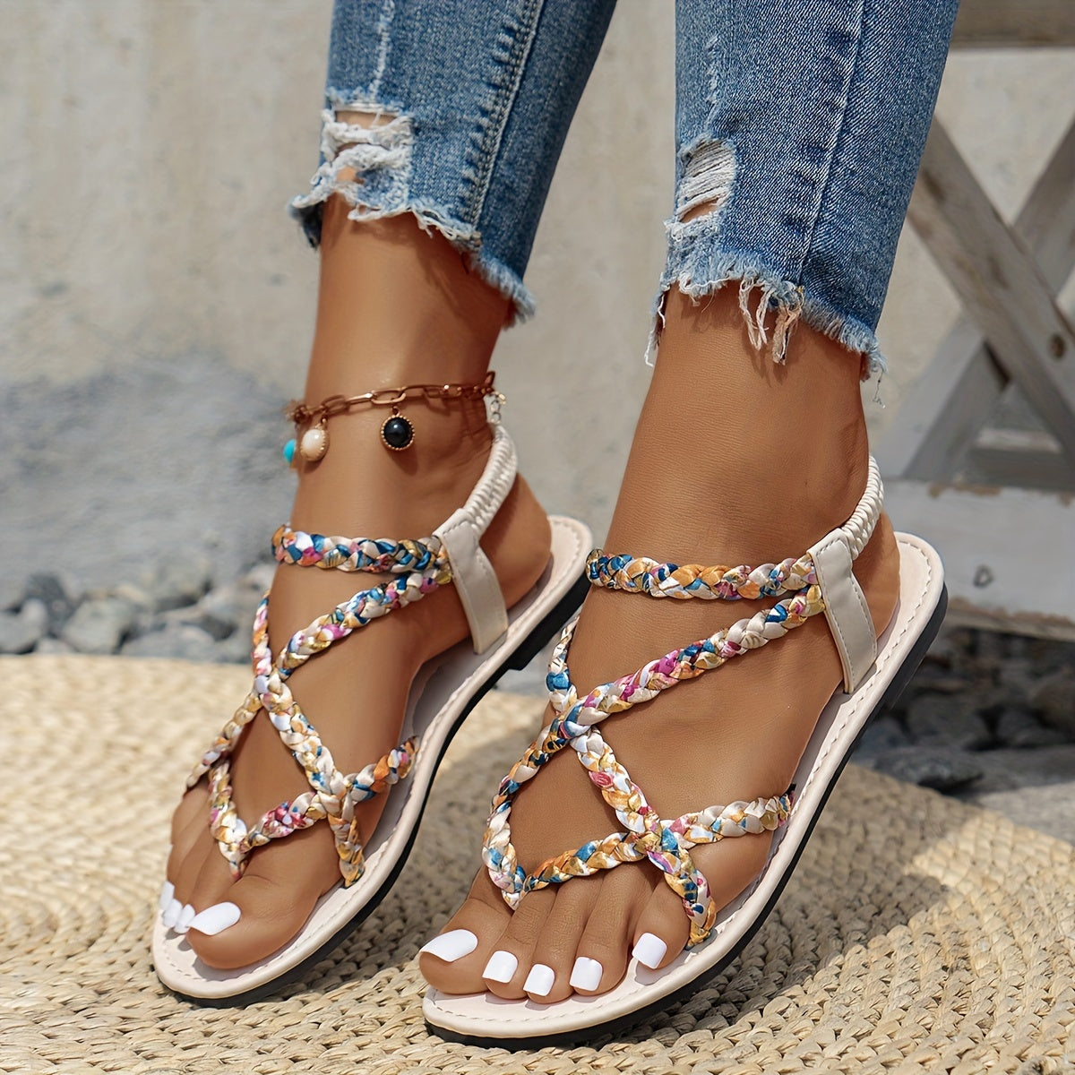[Bohemian Sandals] Colorful Women's Bohemian Flat Sandals | Open Toe, Rubber Sole, Synthetic Insole, Beach and Holiday Footwear