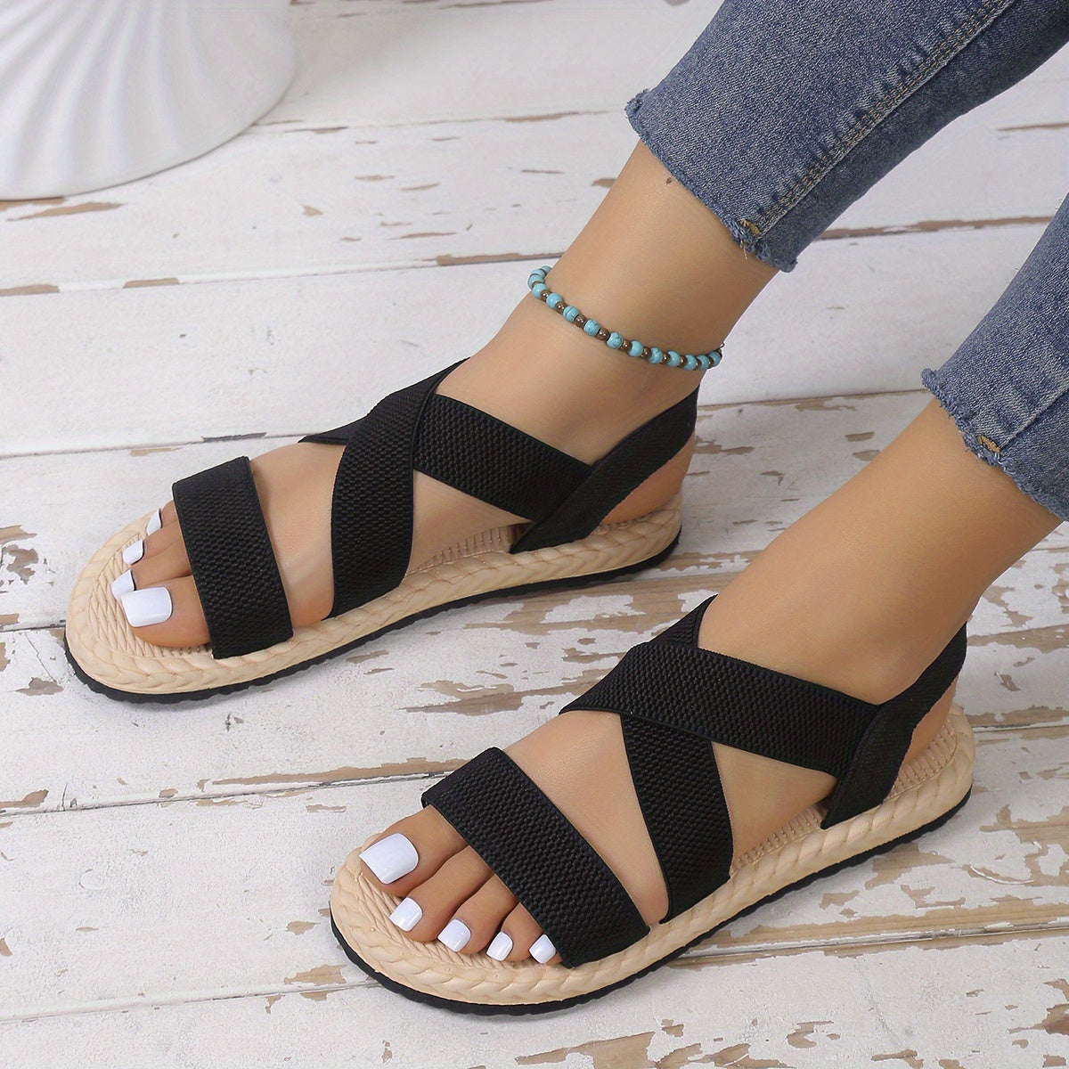 [Elastic Flat Women's Sandals] Women's Elastic Band Flat Sandals, Casual Cross Strap Outdoor Sandals, Comfortable Beach Sandals